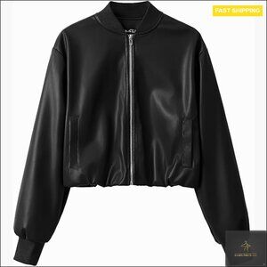 Cropped Faux Leather Baseball Jacket with Ribbed Cuffs and Collar